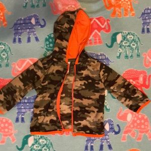 Zip up, hooded, camo and blaze orange jacket